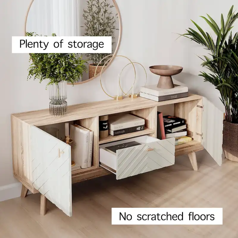 Living Skog Alba Beige TV Stand Console with Drawer Fits TV's up to 65 in. with Wood Legs Mid Century Modern Design