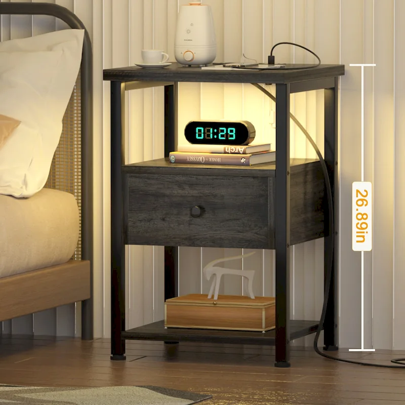 2-piece Farmhouse Wood End Table Drawers Nightstand with Charge Station - Set of 2