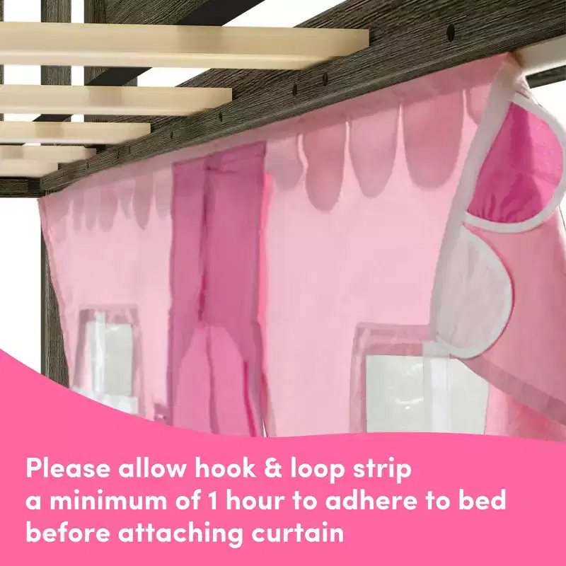 Twin Over Twin Low Bunk With Easy Slide & Light Pink & White Farmhouse Curtain