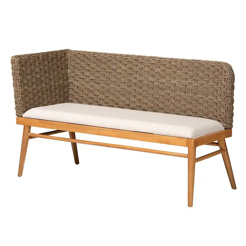 Denver Modern Bohemian Natural Seagrass and Acacia Wood 2-Piece Dining Nook Banquette Set