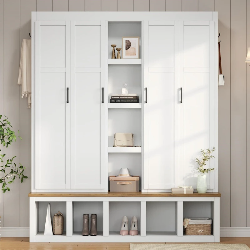 Farmhouse Hall Tree with Bench & 6 Hooks, 62.9