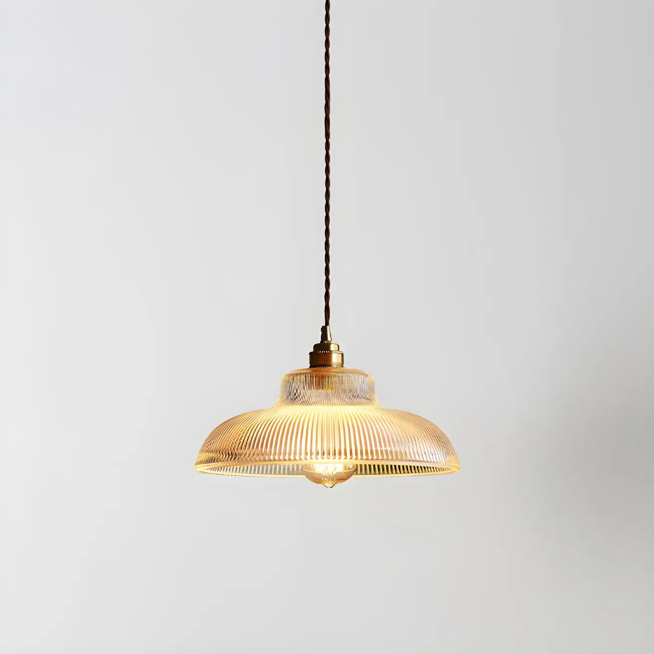 Industrial Adjustable Ribbed Glass Brass Bowl Pendant Light