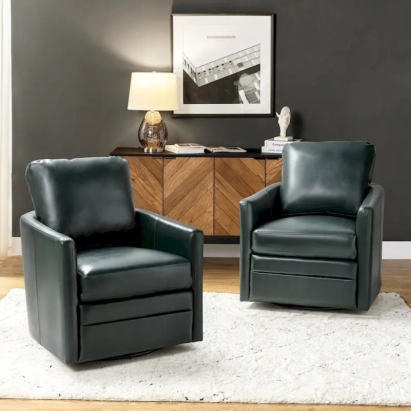 Terrance Transitional Swivel Faux Leather Barrel Chair with Metal Base Set of 2
