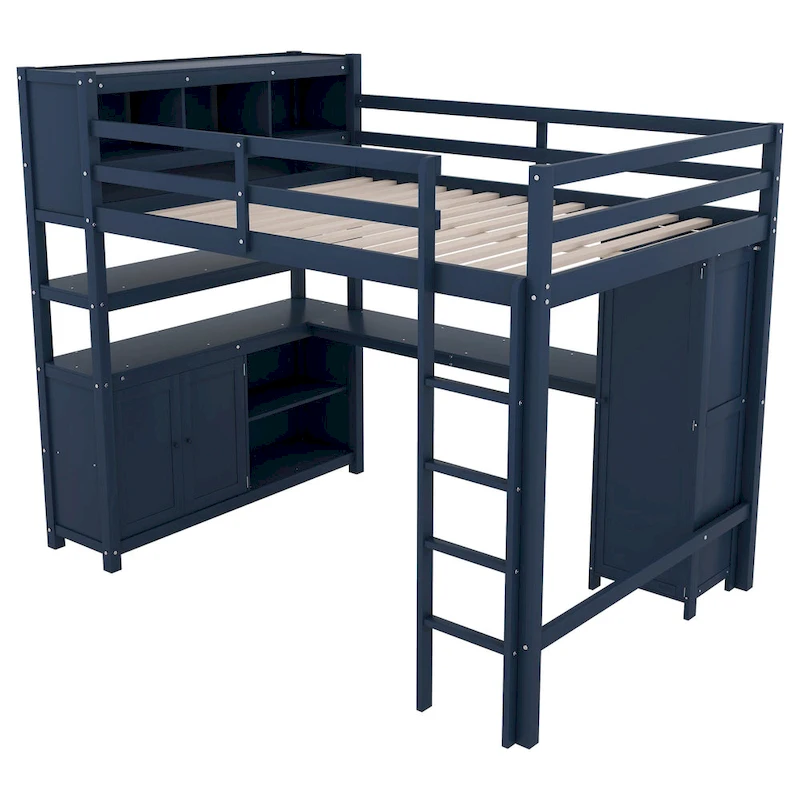 Dark Blue Full Size Pine Wood Loft Bed with Cabinet, Bookshelf, and Desk