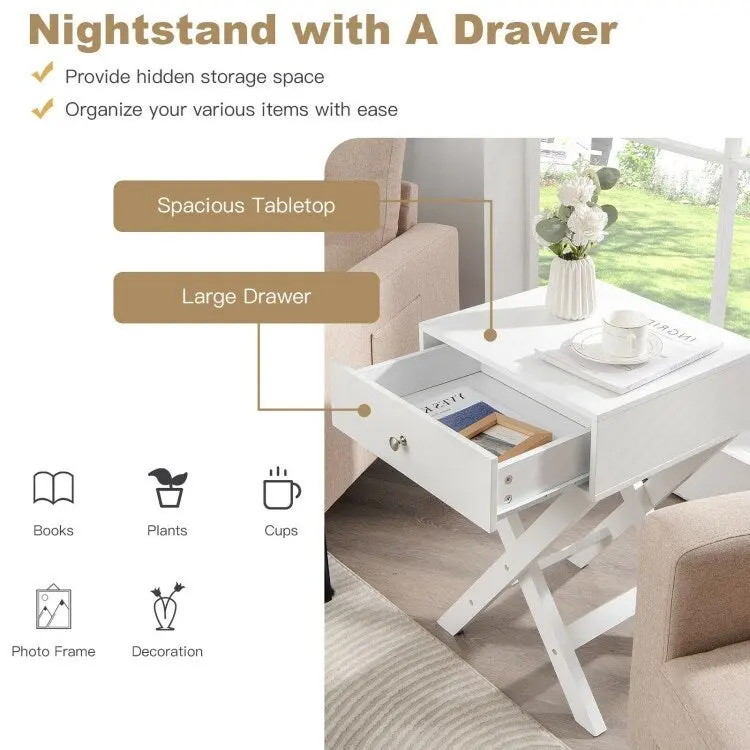 X Shaped Structure Side Nightstand with Drawer