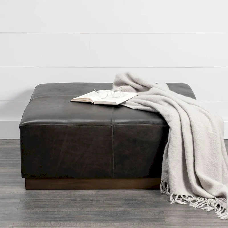 36 Square Ottoman Black Genuine Leather Top-Grain Upholstery Brass Metal Base Modern Living Room Furniture