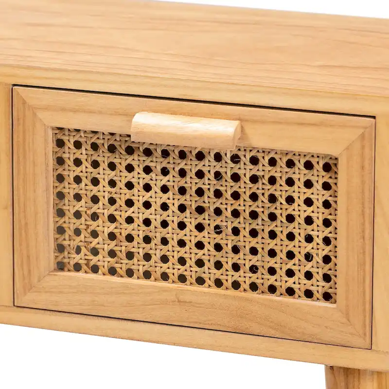 Falan Mid-Century Modern 2-Drawer Wood Console Table with Rattan-Oak
