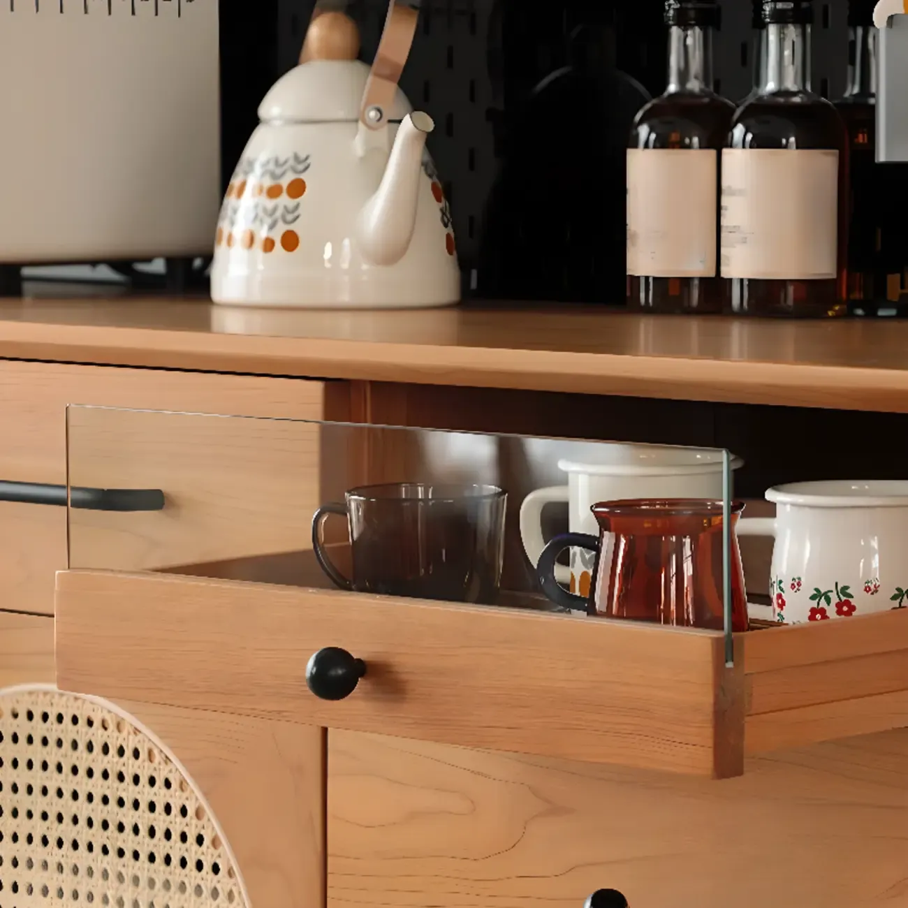 Modern Pine Cherry Wood Narrow Kitchen Sideboard