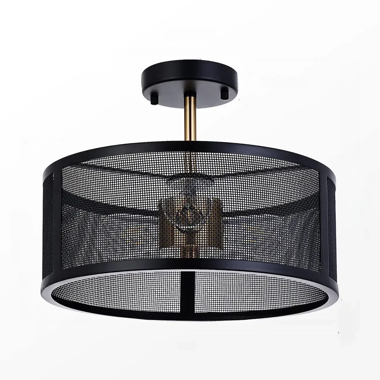 Modern Black Metal Hollow Cylinder Semi Flush Ceiling Light