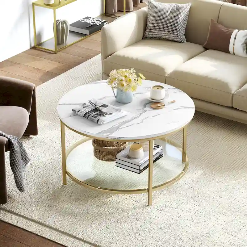 White Marble Pattern Round Coffee Table with Glass 2-Tier Circle Gold Frame