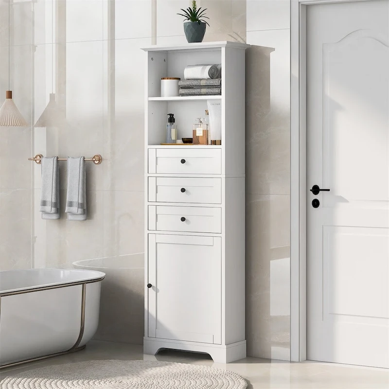 Merax Tall Storage Bathroom Cabinet with 3 Drawers and Adjustable Shelves