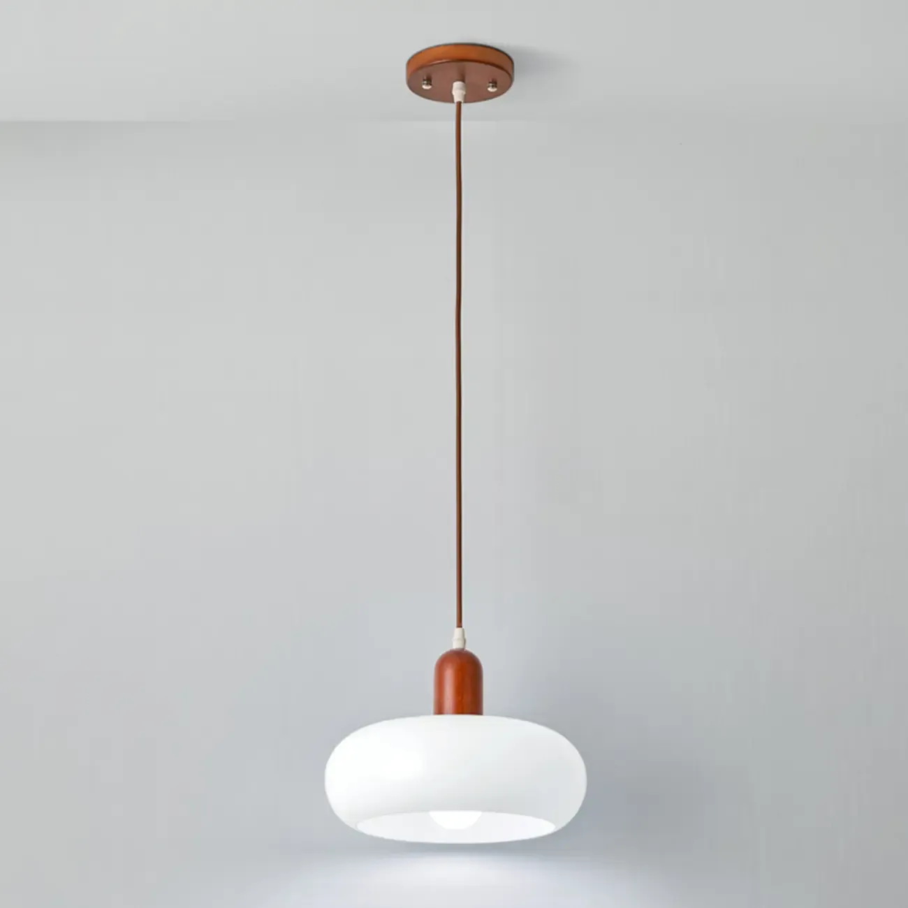Modern White Glass Pendant Light with Solid Wood Accent