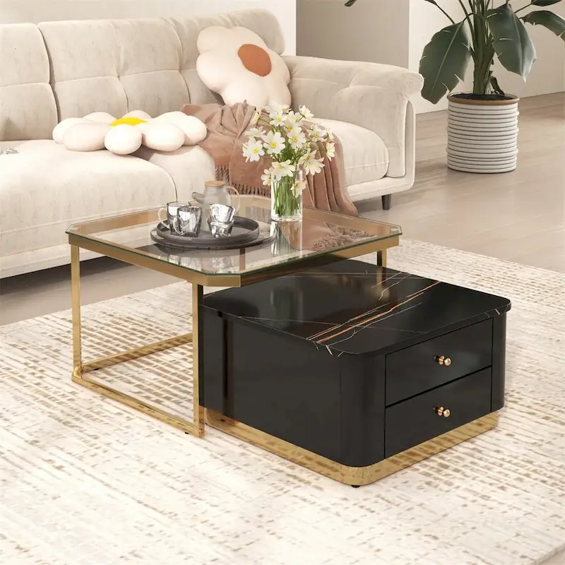 2 Pieces Nesting Coffee Table w/ Drawers & Electroplated Gold Legs