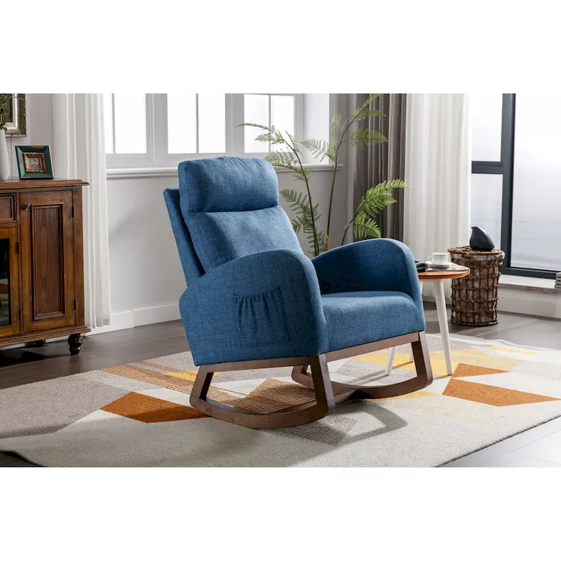 Blue 27 Upholstered Rocking Chair with Wood Legs and Convenient Side Pocket
