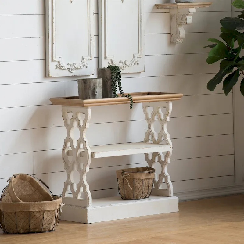Distressed Wood Console Table with Shelf and Tray Top