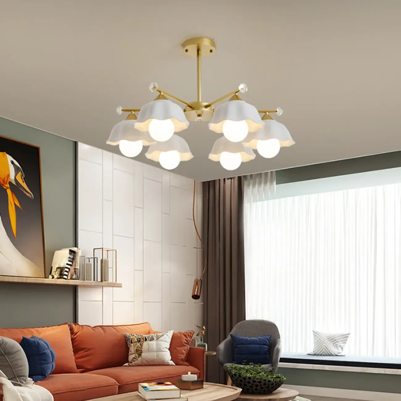 Symmetrical Ceramic Flower Down Gold Chandelier