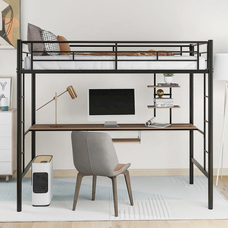 Black Twin Size Metal Loft Bed with Desk and Shelf, Space-Saving Design