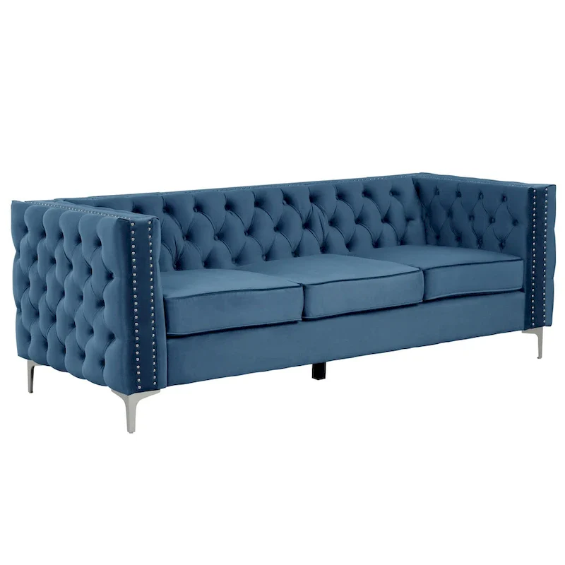 Dutch Velvet Button-Tufted Sofa, Blue/Grey/Beige, Nailhead Trim, Iron Legs, Seats 3