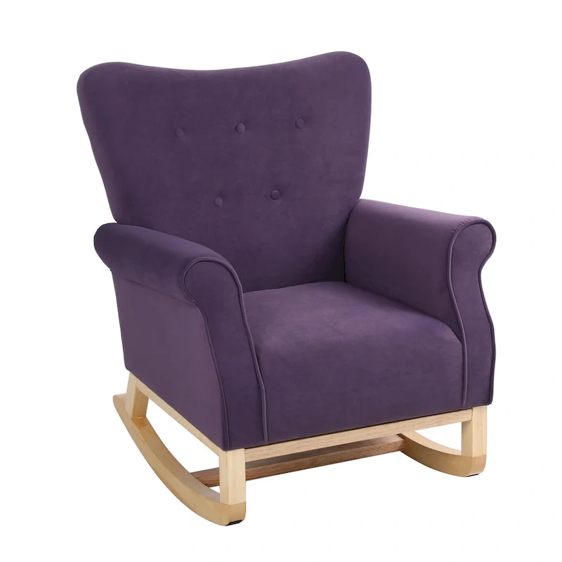 Velvet Tufted High Back Rocking Chair - Single Seat with Wood Legs