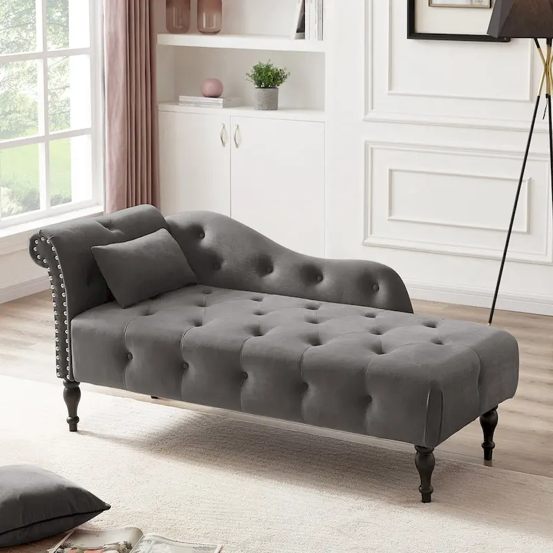 Modern 60.6  Velvet Upholstered Buttons Tufted Chaise Lounge Chair with Solid Wood Legs and Nailheads