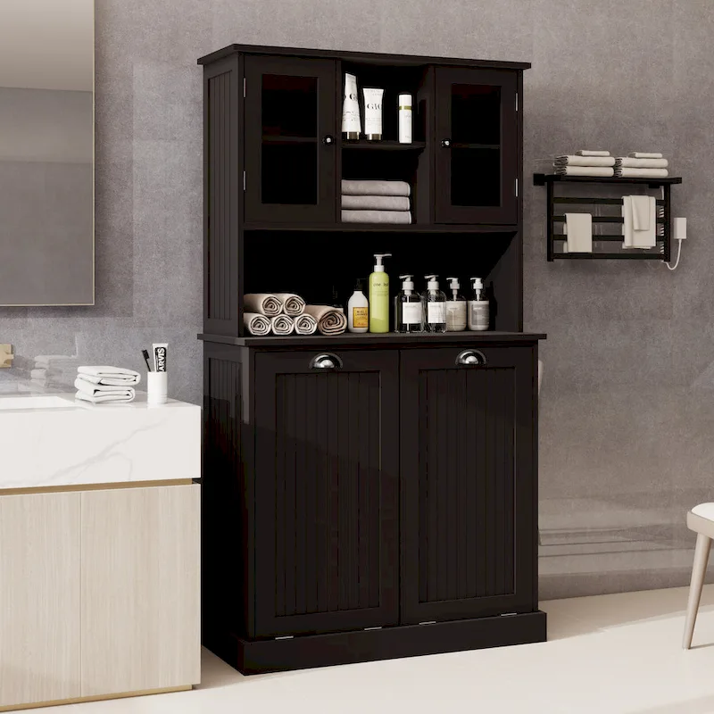 Two-Compartment Tilt-Out Dirty Laundry Basket Tall Bathroom Cabinet