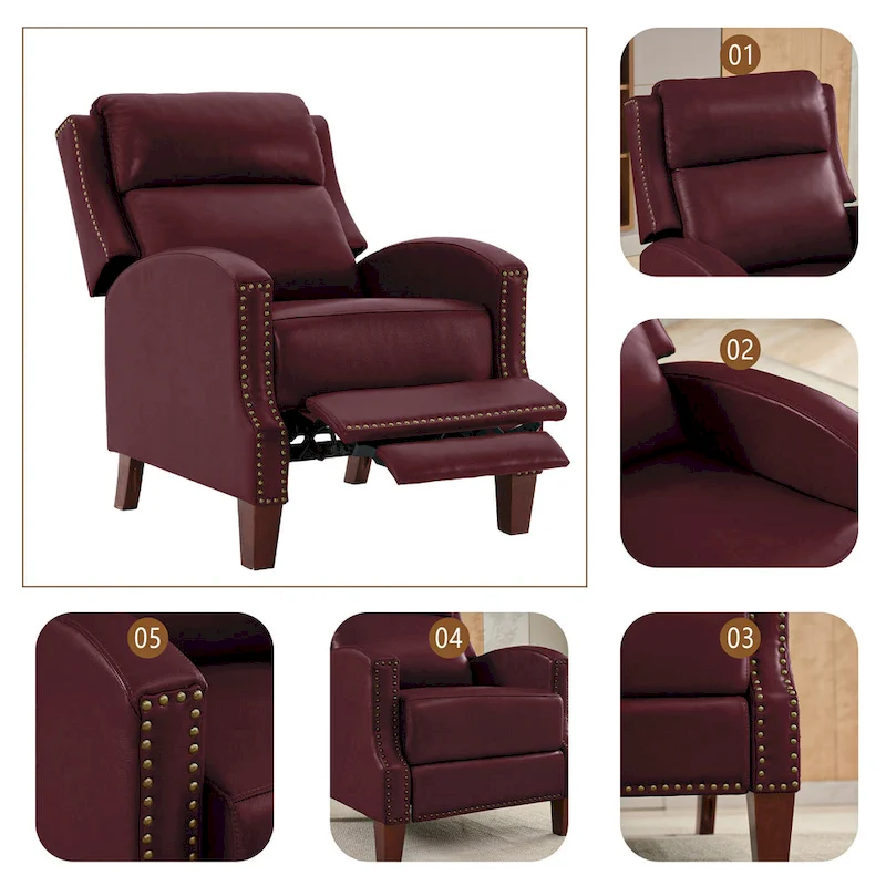 Genuine Leather Pushback Recliner with Multi-Angle Seat Back and Solid Wood Legs