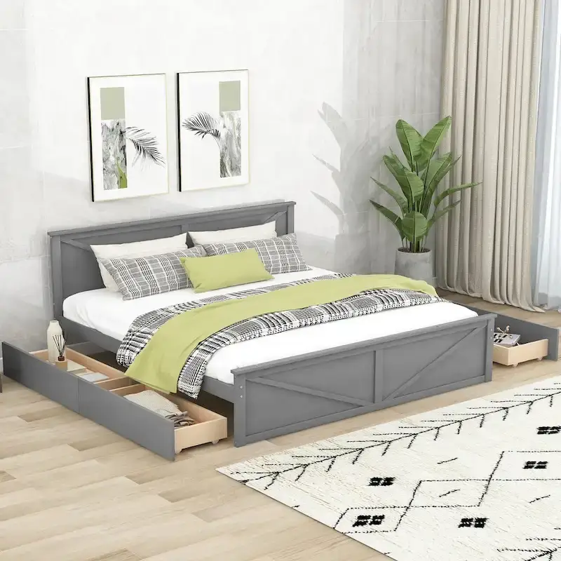 King Size Platform Bed with Four Storage Drawers and Support Legs