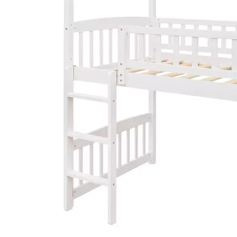 Twin House Loft Bed with Slide, Wood Playhouse Loft Bed Frame with Ladder and Roof