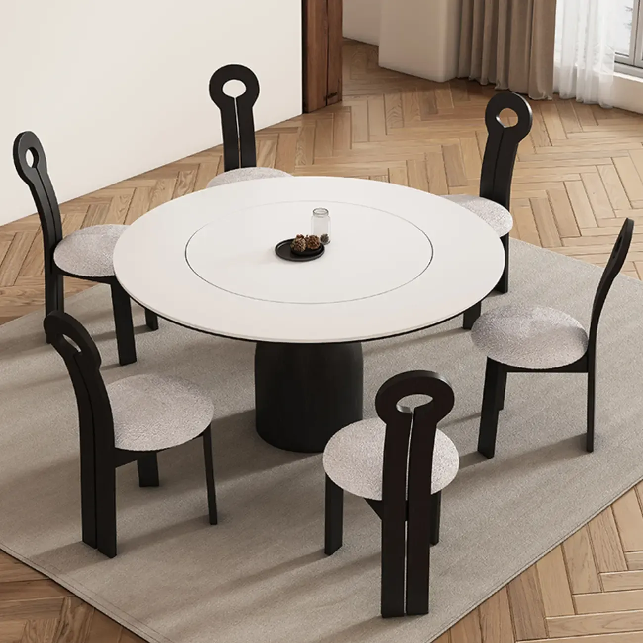 Simple Black Wood Round Stone Dining Table
