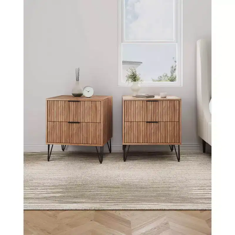 Golden Brown 2-Drawer Nightstand, Ribbed Style, Set of 2