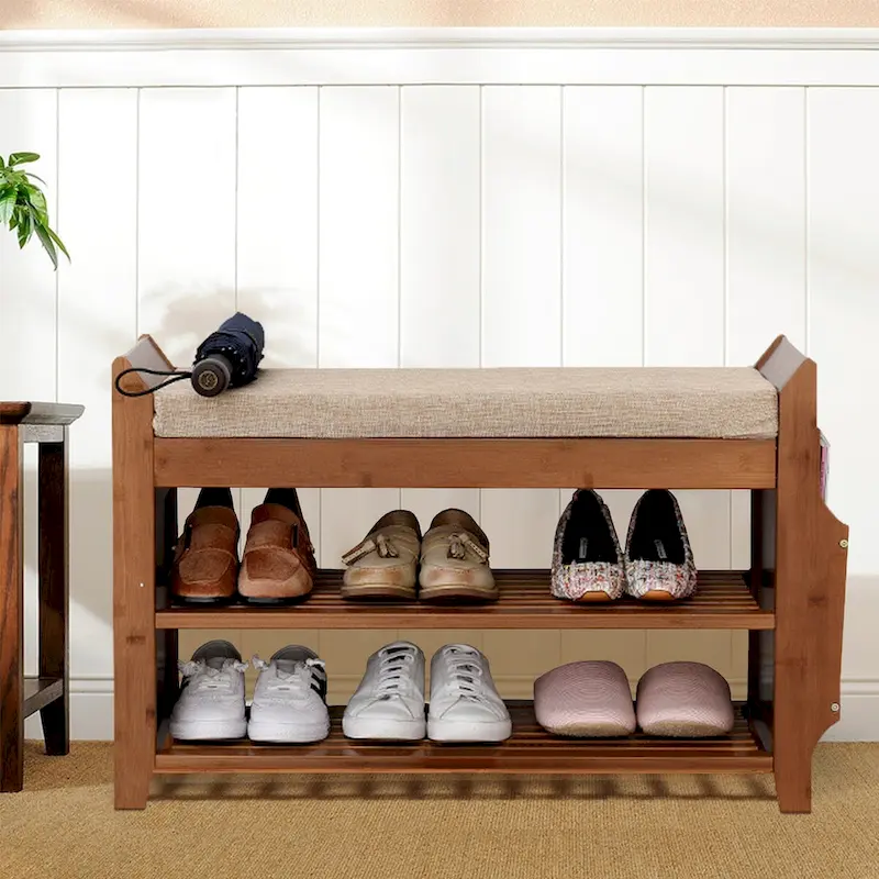 2 Tier Entryway Shoe Storage Organizer Shelf Bamboo Bench - 39.6*11.6*19.6