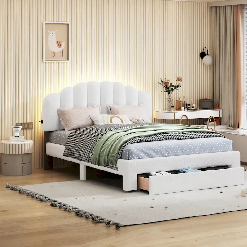 Queen Size Upholstered Platform Bed with Drawer