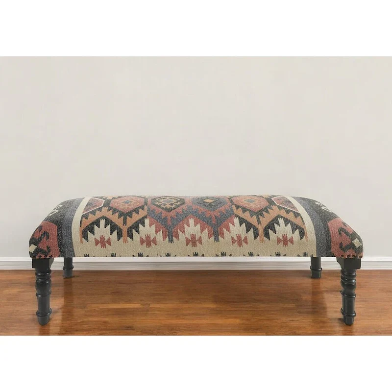 47 Beige Brown and Rust and Black Jute and Wool Blend Upholstered Southwest Distressed Bench - 47 x 18 x 16