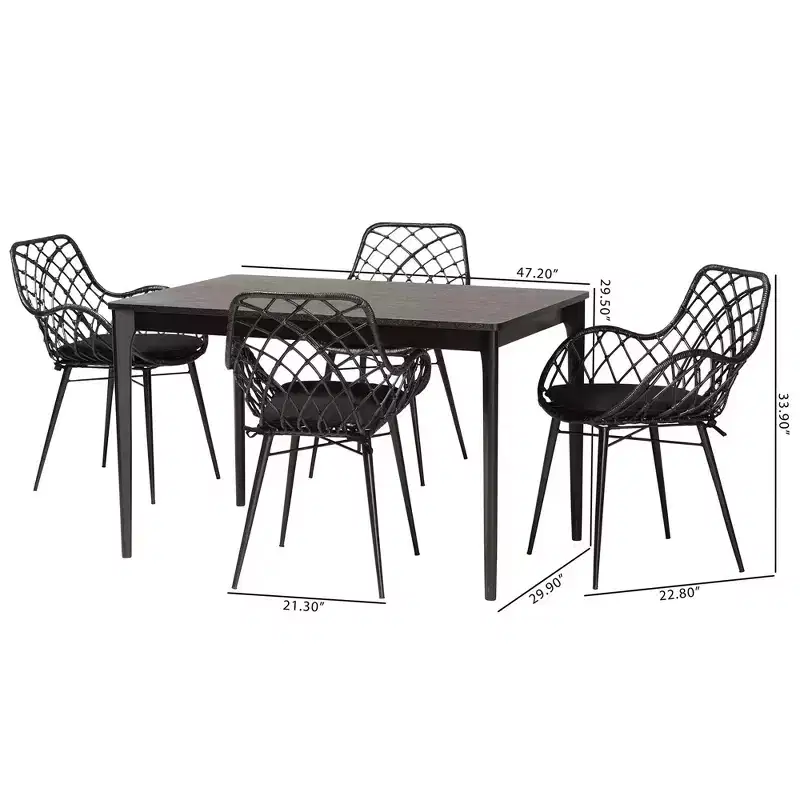 Black Rattan & Wood 5-Piece Dining Set for 4