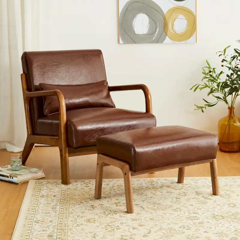 Glitzhome 30.75H Mid-Century PU Leather Armchair with Ottoman Set