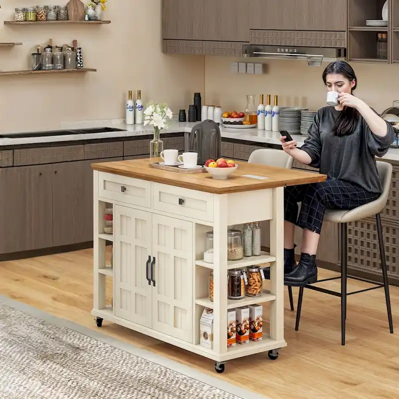45 Rolling Kitchen Island with Storage & Drawers, Extendable Bar Table with Lockable Wheels