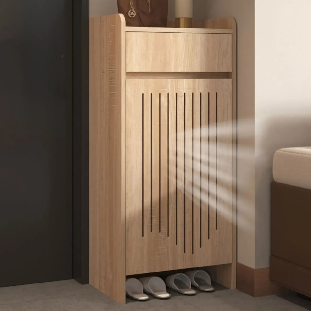 Modern Slim Wood Beige Entryway Shoe Cabinet