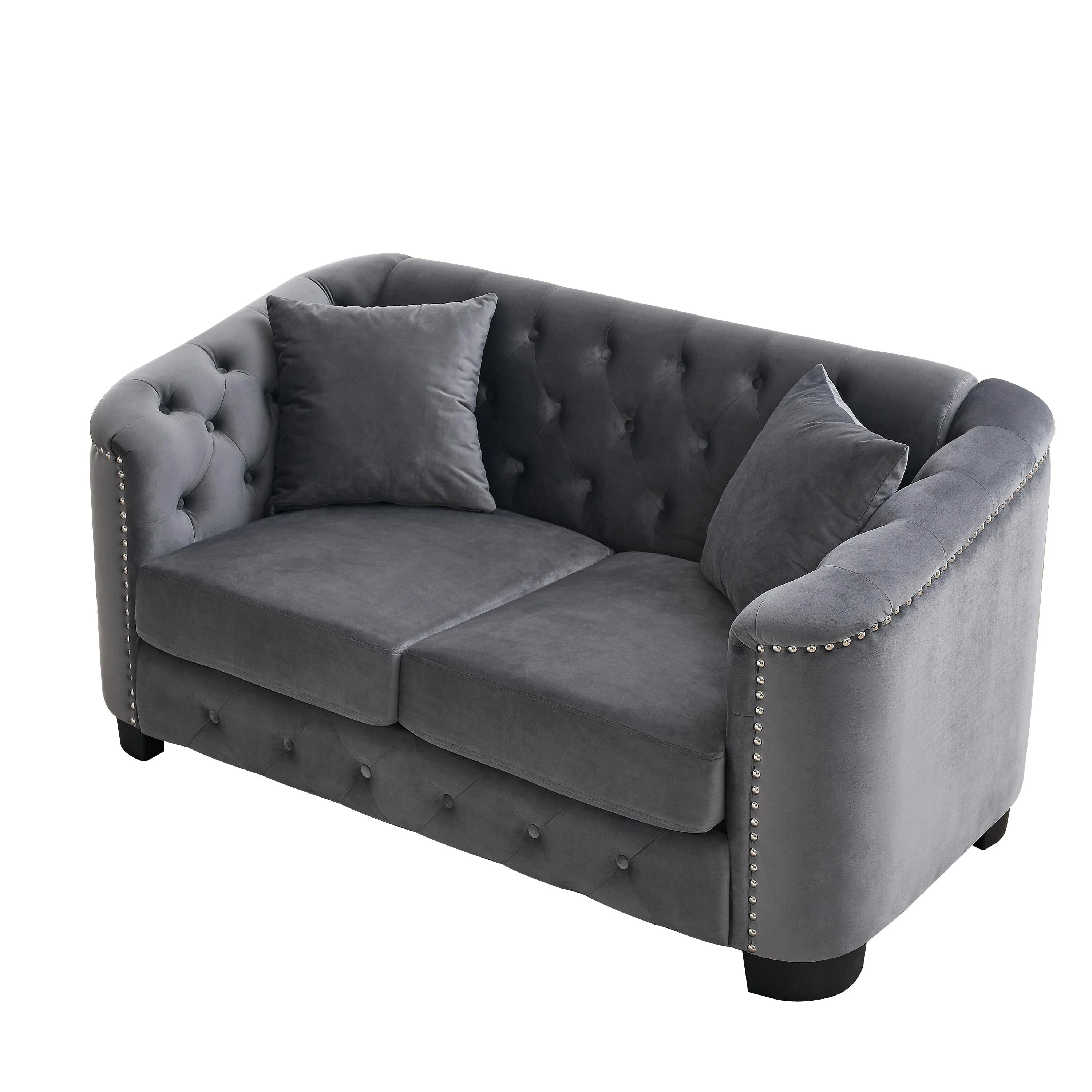 Grey 59'' Modern Velvet 2-Seater Sofa with Tufted Backrest and Nailhead Arms