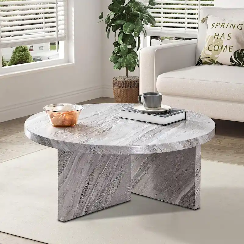 Modern Stylish Wooden Round Coffee Table with Imitation Marble Veneer Surface