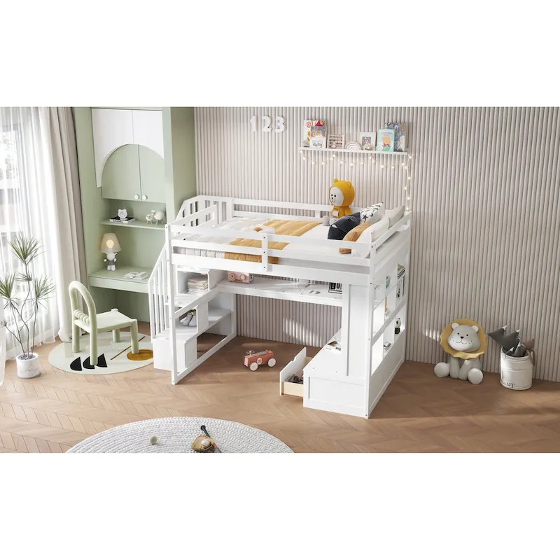 White Full Solid Wood Loft Bed with Desk & Drawers