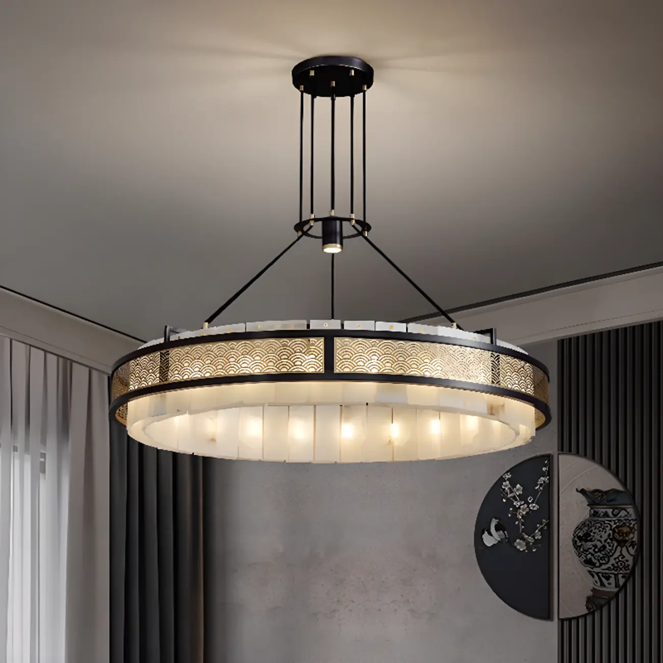 Black Metal Circle Stone Shade Modern Pendant Chandelier