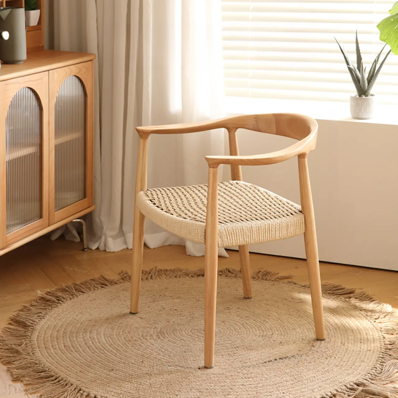 Scandinavian Curved Wood Woven Seat Armrest Dining Chair