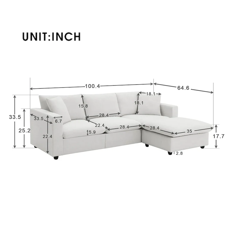 L-shaped Polyester Fabric Couch Modern Sectional Sofa with Ottoman