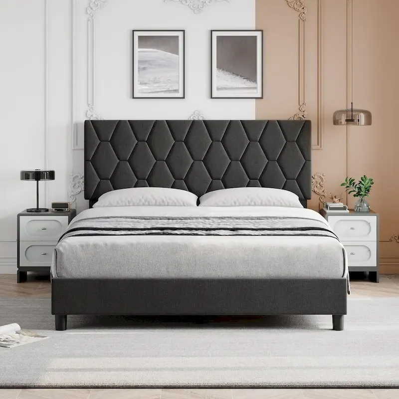 Diamond Upholstered Platform Bed Frame Wood Slat Support