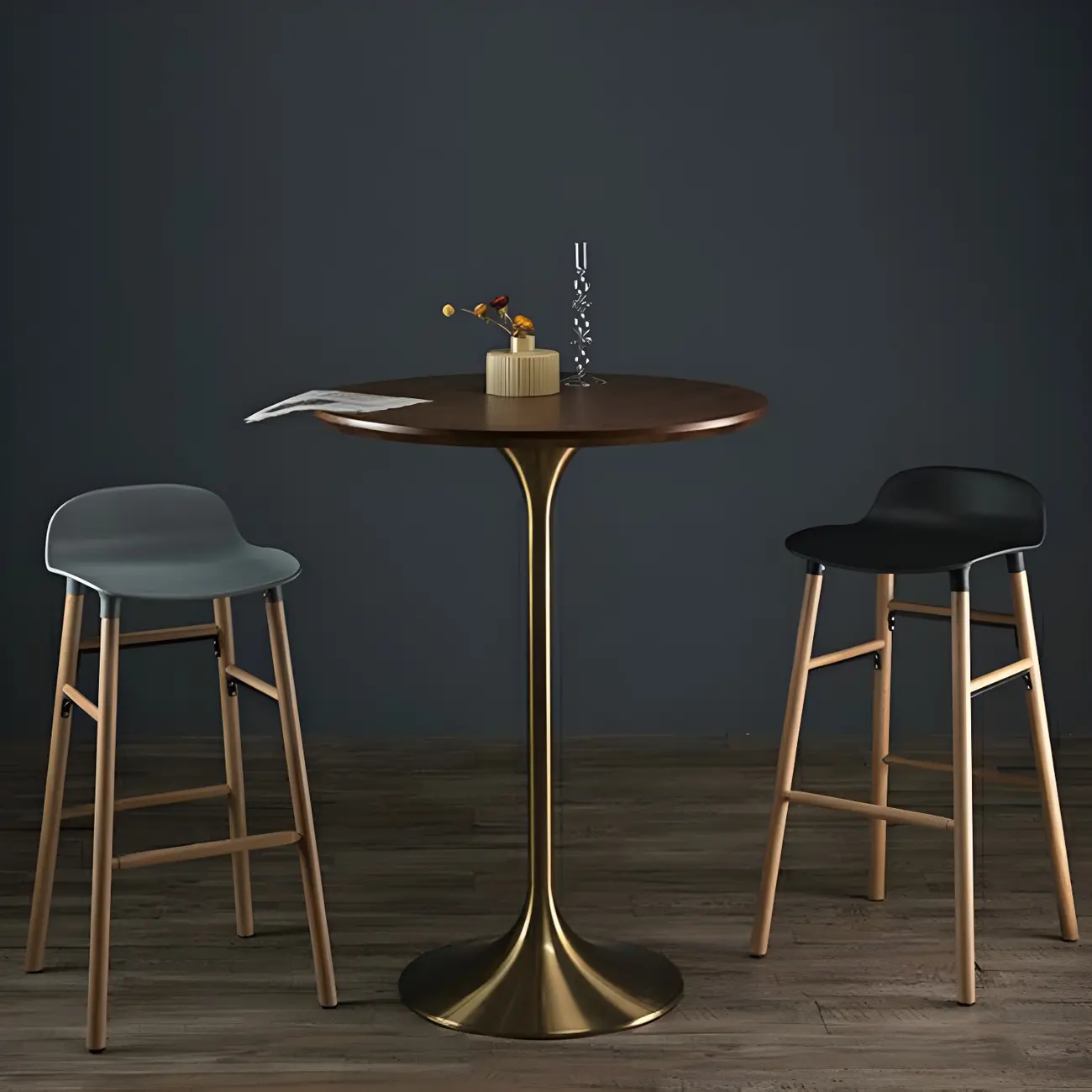 Round Glam Brown Gold Metal Tulip Base Bar Tables