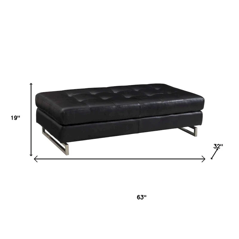 HomeRoots 63 Black Tufted Faux Leather and Silver Ottoman