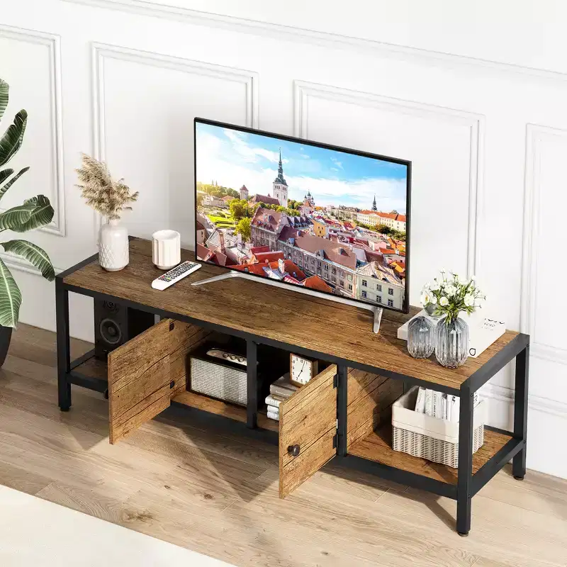 65 TV Stand, Rustic TV Stand with 2 Enclosed Storage Spaces and Open Compartment, Wooden TV Stand Table with Adjustable Legs