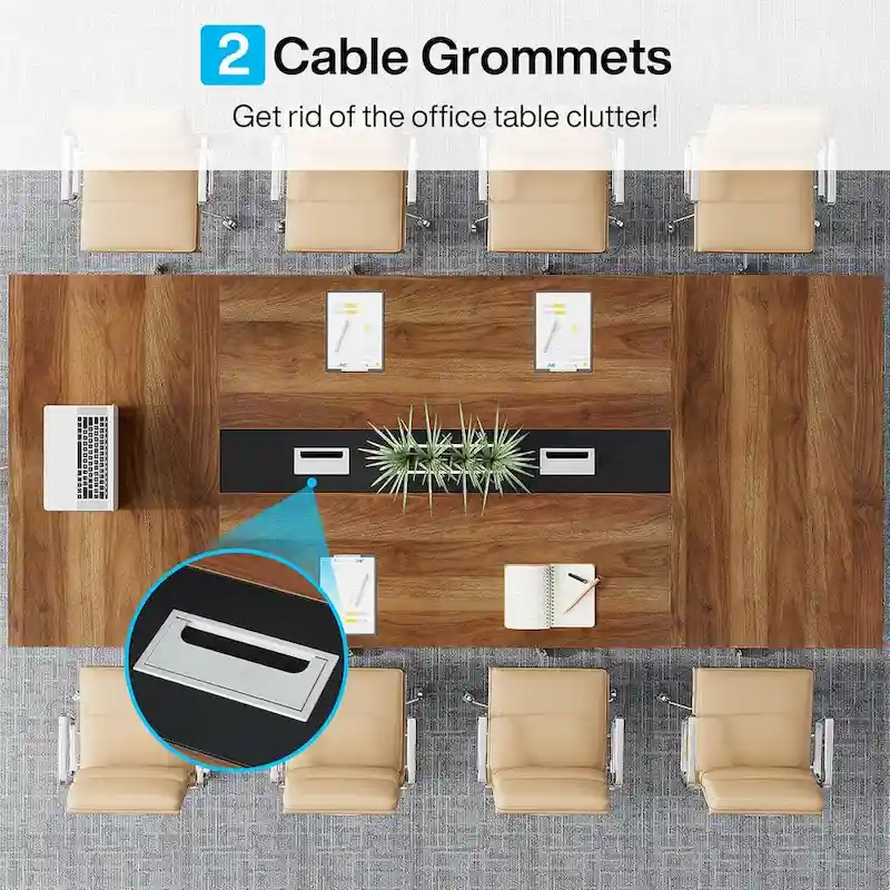 Large Rectangular Conference Table with Cable Management – Brown / Grey, Seats 8–10