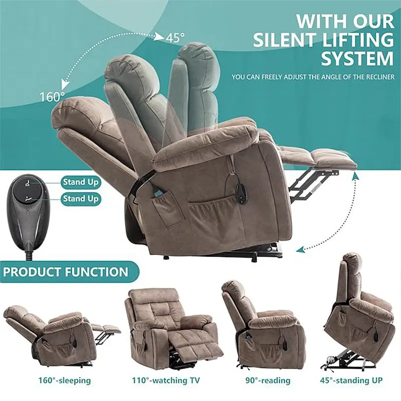 Power Lift Recliner, Massage & Heat, Velvet, 8-Point Massage, Cup Holder, Reclines 160°, Seats 1, Light/Dark Brown