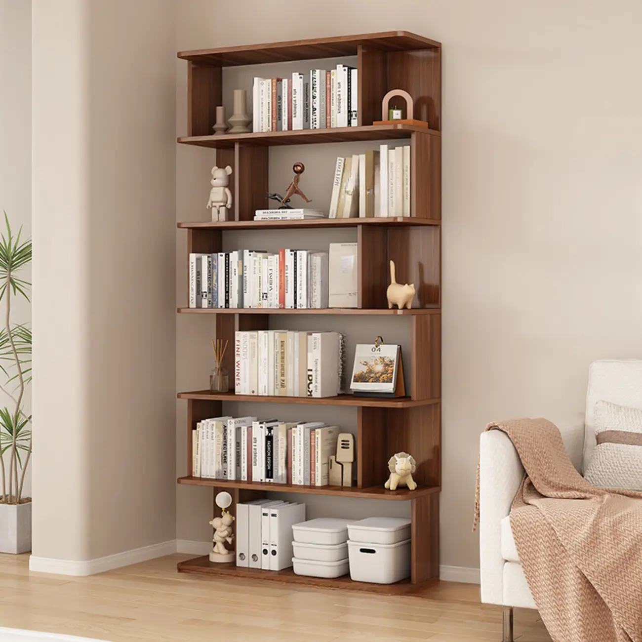 Mid-Century Vertical Walnut Wood Bookcase Open Back